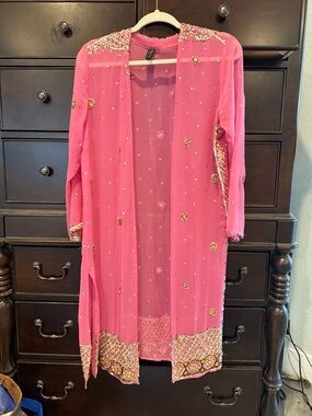 LA LO LA Hot Pink Beaded Sheer Embellished Jacket/Coverup made in India